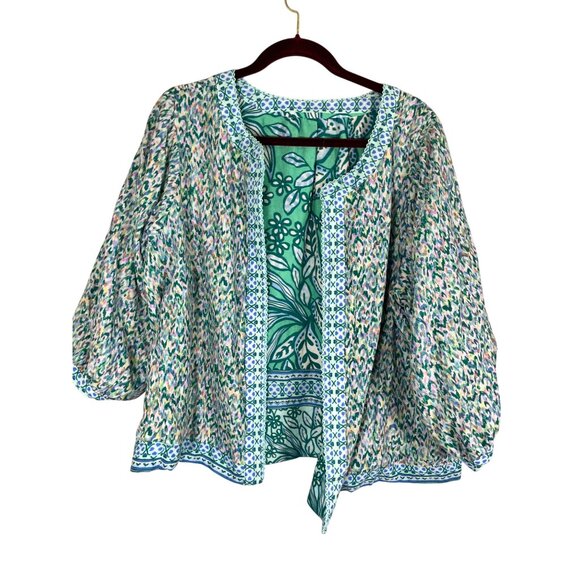 Democracy Floral Jacket Green 2X Reversible Tropical Preppy Classic Chic Artsy - Picture 10 of 12
